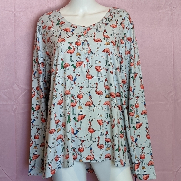 Sleep Sense Flamingo Christmas Lights Long Sleeve Pajama Top - Picture 1 of 6